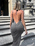 Ruched Bodycon Dress Sexy Backless Halter Neck Summer Y2K Maxi Party Dresses Beach  Sleeveless Club Streetwear
