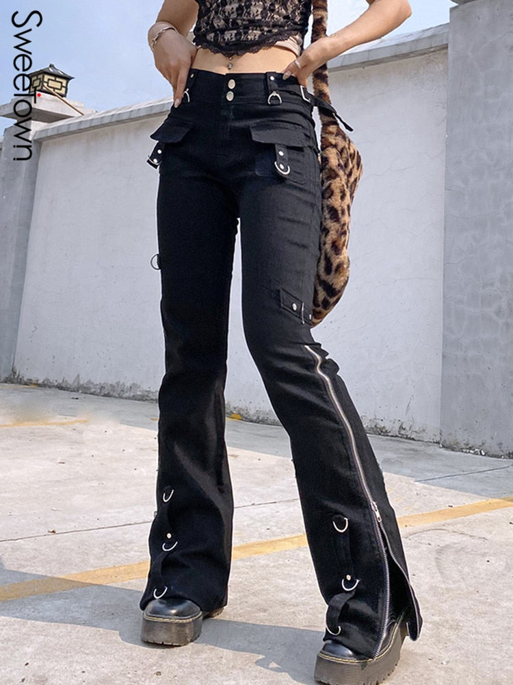 Clacive  Rivet Goth Black Jeans Dark Academic Girl Techwear Side Zipper Low Waist Straight Denim Trousers Women Streetwear