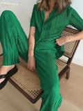 Clacive Bodycon Short Sleeve Shirts Set Woman 2 Pieces Summer Green Pleated Pants Set Female Elegant Black Home Trouser Suits