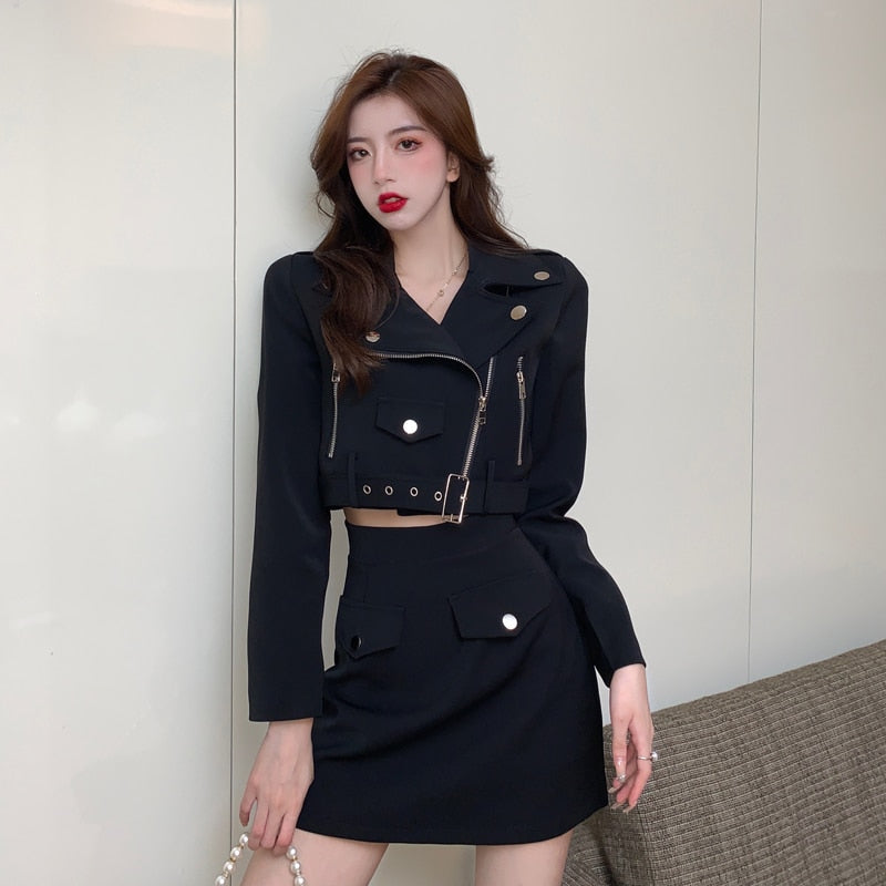 Clacive  Style Two Piece Set Women Short Suit Jacket Crop Top And High Waist A-Line Sexy Mini Skirt Suits Spring 2 Piece Outfits