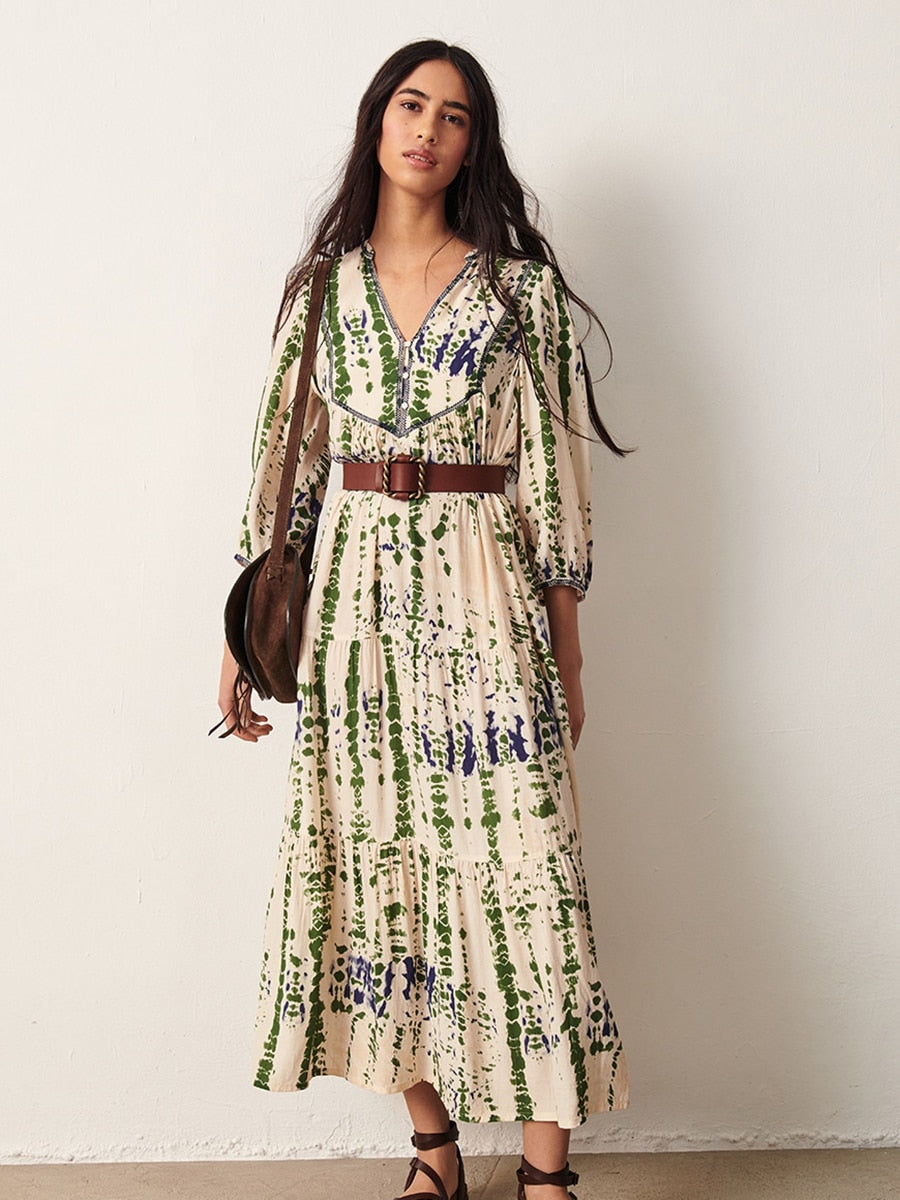 Tie-Dye Print Maxi Dress  Summer Woman V Neck Three Quarter Sleeves Loose Dresses Female Elegant Casual Long Robes Holiday