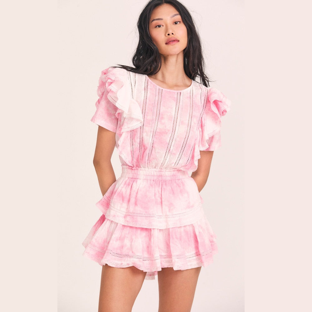 Clacive  Summer Short Sleeve Vocation Women White Mini Dress Holiday Lace Ruffled Dress Pink