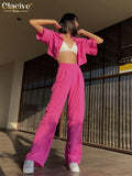 Clacive Summer Short Sleeve Shirts Two Piece Set Women Fashion Pink High Waist Trouser Suits Female Streetwear Wide Pants Set