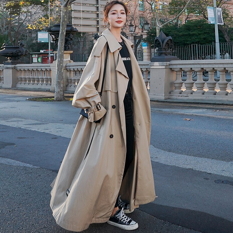 Clacive  Spring Autumn Extra Long Flowy Oversized Casual Trench Coat For Women Belt Double Breasted Loose Korean Fashion