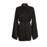 Vintage Satin Shirt Dress Women's Summer Elegance Loose Black Office V-Neck Dresses New Arrival Streetwear