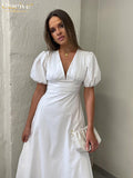 Clacive Bodycon V-Neck White Dress Woman Summer Sexy Puff Sleeve Midi Dresses Elegant Slim High Waist Classic Female Dress