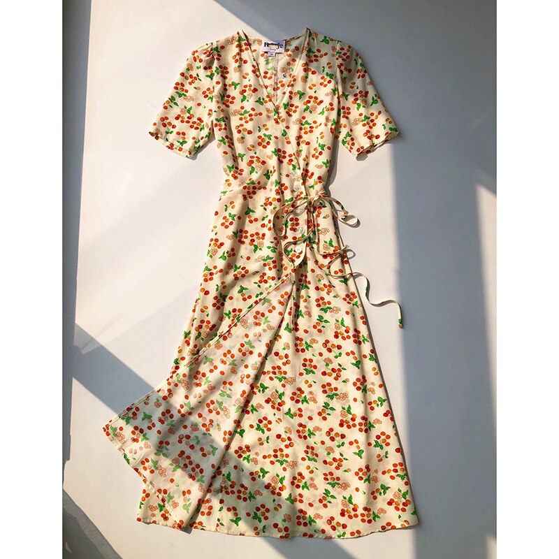 Clacive Retro Cherry Print Midi Dress Summer Elegant Short Sleeve V-Neck Wrap Women Long Dresses  Vintage Casual Female Robes