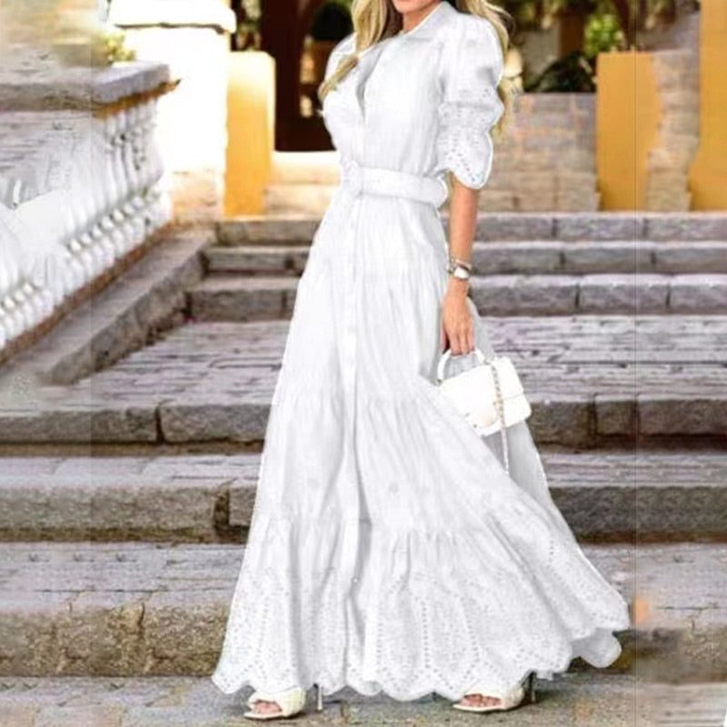 Clacive  White Plain Dress For Women Lapel Loose Half Sleeve Sashes Lace Up Single Breasted Midi Dresses Female  Spring Clothing