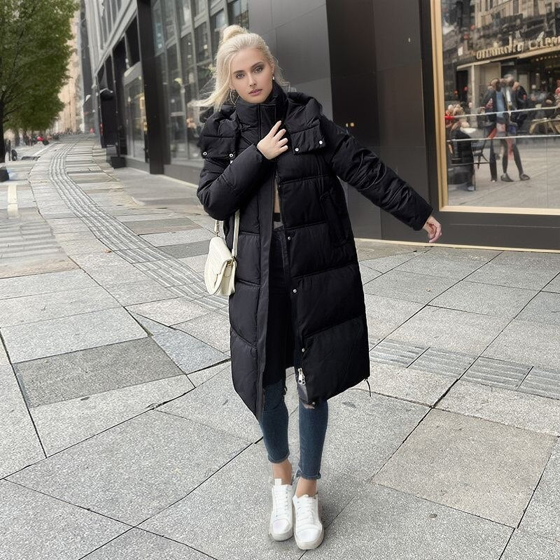 Fall outfits back to school 2023 New Winter Mid length Over Knee Down Cotton Coat Women's Thickened Hooded Simple Bread Coat