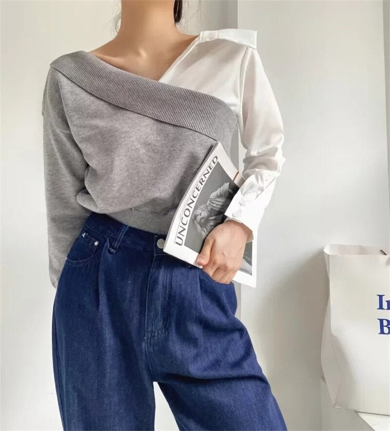 Fall outfits Fashion Knitted Pullover Loose Fake Two Piece Shirt For Women  Patchwork Long Sleeve Casual Blouses Female Autumn Clothing P105
