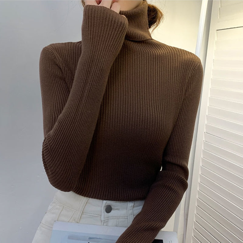 Clacive Harajuku Pullover Turtleneck Sweater Women Fall Soft Knit Sweater Slim Elastic Korean Simple Basic Cheap Jumper Solid Tops