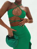Clacive  Bandage Cut Out Sexy Halter Neck Top and Skirts Set Gathered Elegant Club 2022 Summer Outfits Split Two Piece Set