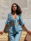 Clacive Sexy Lace-Up Crop Shirts Two Piece Set Women Summer Bodycon High Waist Trouser Suits Female Casual Blue Wide Pants Set