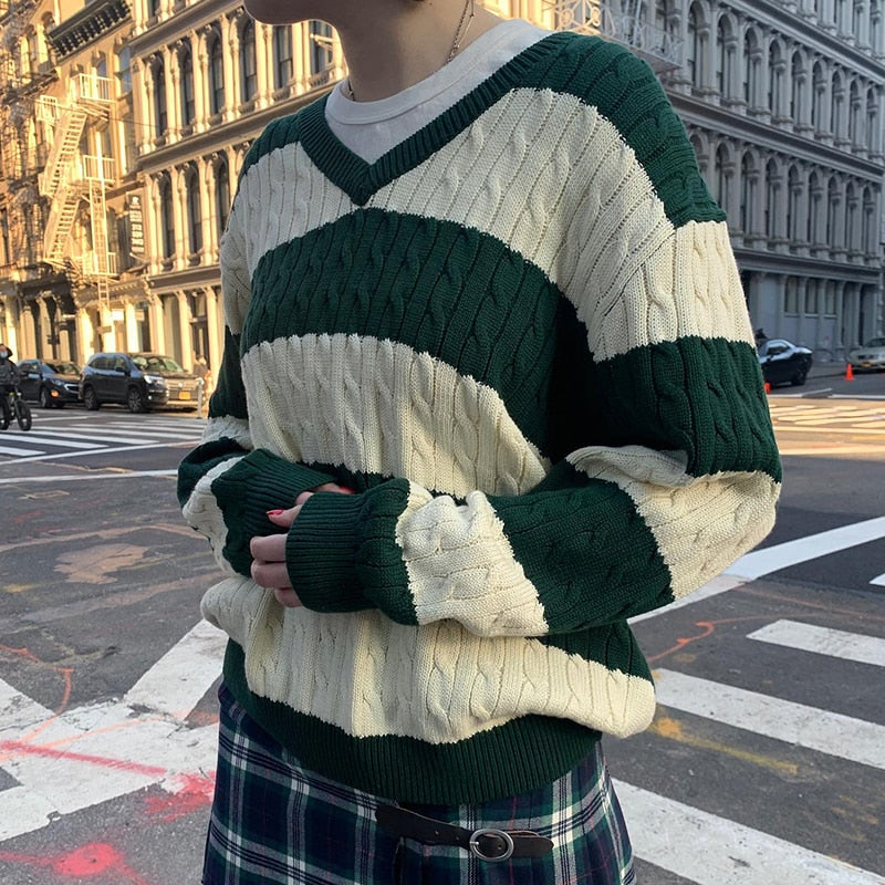 Clacive Striped Y2k Jumpers V Neck Prepply Full Sleeve Sweaters Loose Vintage Harajuku Korean Cute Pullovers Women Autumn Tops