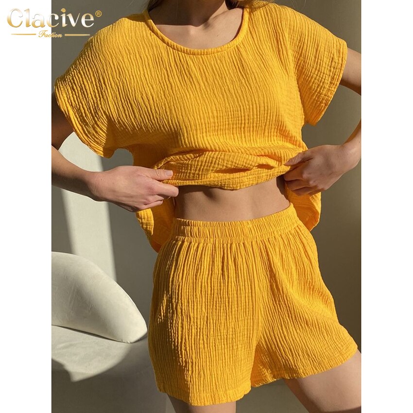 Clacive Casual Short Sleeve Tops Two Piece Set Women Summer High Waisted Shorts Sets Elegant Blue Cotton Home Suits With Shorts