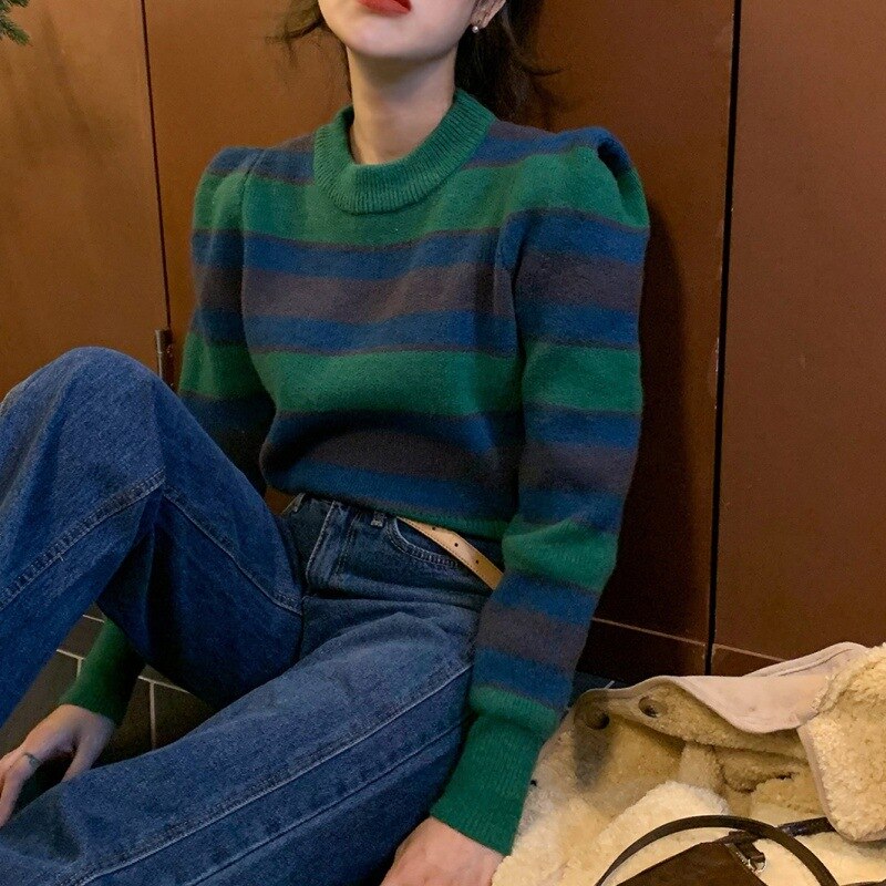 Fall outfits Vintage Striped Cropped Sweater Women O-neck Puff Sleeve Sweet Jumper Femme 2023 Fall Fashion Korean Knitted Pullovers Tops P978