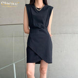 Clacive Bodycon Black Dress Lady Summer Elegant O-Neck Sleeveless Office Mini Dress Fashion Chic Classic Dresses For Women