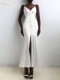 Clacive White V-Neck Women'S Dresses Sexy Strap Satin Bodycon Midi Dress Elegant Slim Single-Breasted Party Dresses For Women