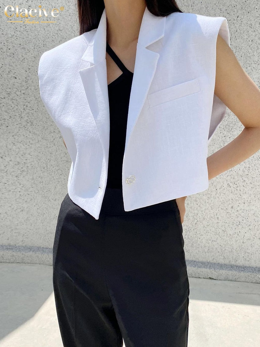 Clacive Fashion White Office Women'S Shirt Summer Bodycon Sleeveless Lapel Blazer Ladies Vintage Pocket Top Female Clothing