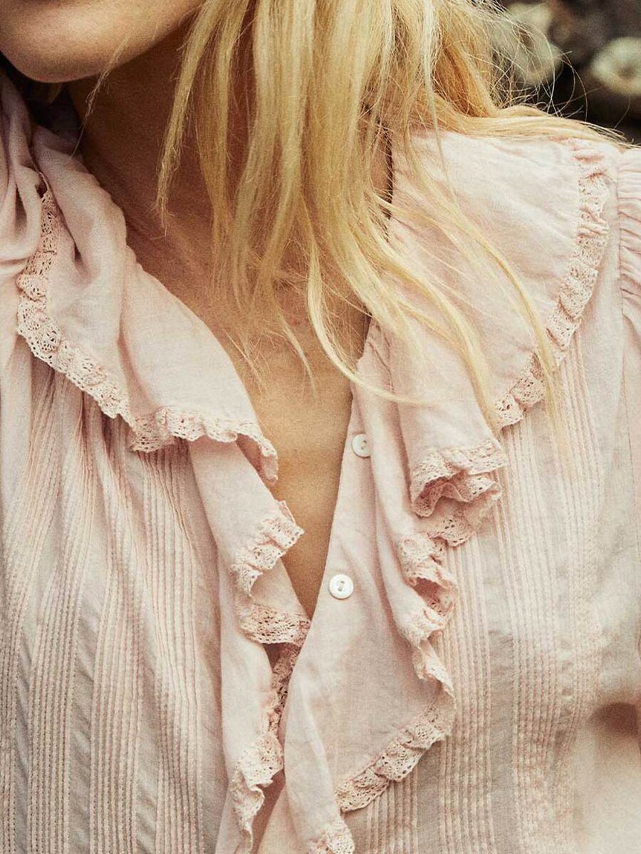 Fall outfits Ruffles Lace Blouses Women 2023 Spring Summer V Neck Fashion Pleated Puff Sleeve Pink Shirt Tops Femme Vintage Elegant Blouses