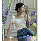 Clacive Summer Blouse Women Square Neck Stitched Lace Bubble Sleeve Shirt Elegant Top Slim All-Match Fashion Beautiful Blouses
