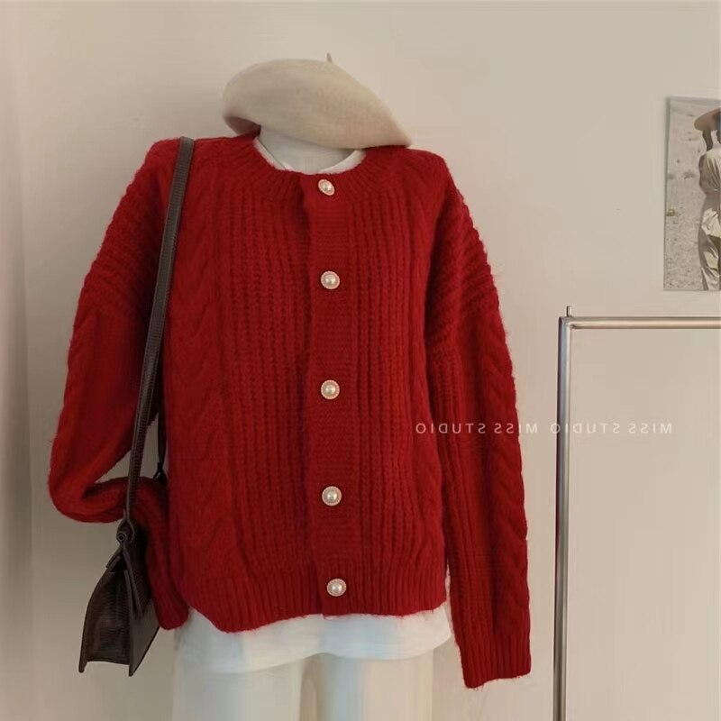 Fall outfits Retro Knit Cardigans Women Loose Gentle Twist Pearl Buttons Sweater Korean Slim Casual Jackets Long Sleeve Autumn Winter Tops