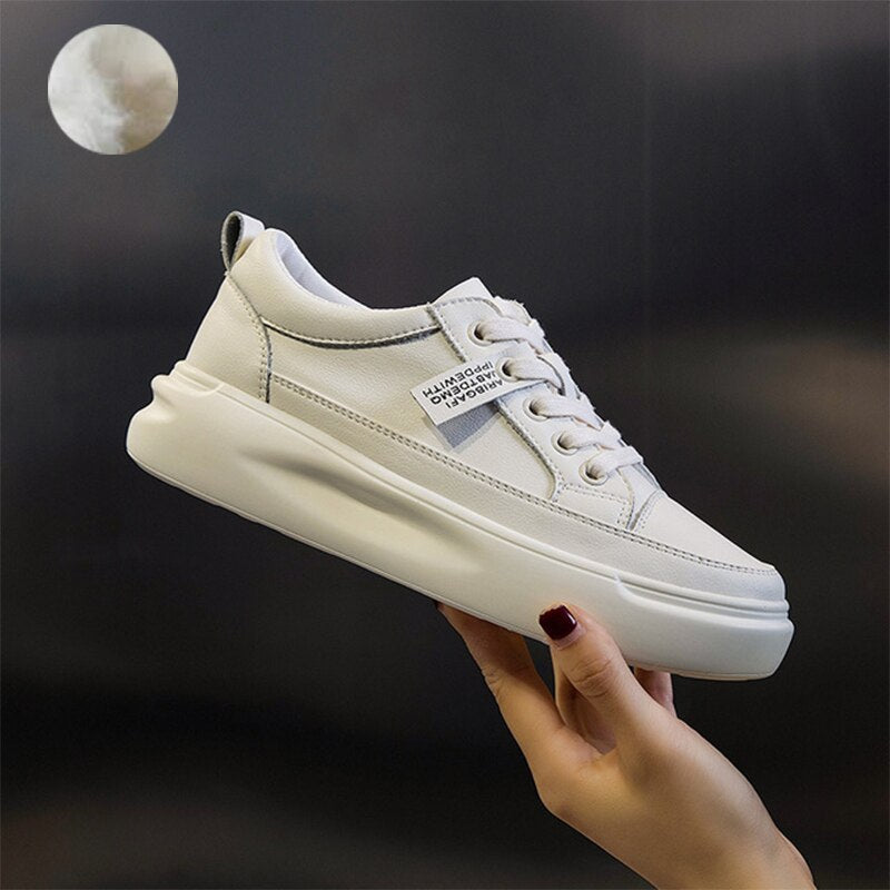 Clacive Women Sneakers Big Size 41 Casual Breathable  New High Quality Leather Beige White Female Platform Vulcanized Women Shoes