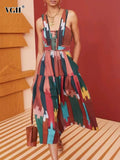 Clacive  Vintage Colorblock Print Dress For Women Sleeveless High Waist Off Shoulder Midi Dresses Female  Summer Fashion Clothing