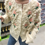 Fall outfits Pearls Buttons Knitted Cardigan Women Vintage Embroidered Sweater Ball O-Neck Tops Korean Loose Sweet Autumn Winter Coat N149