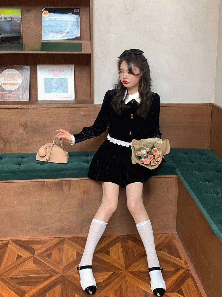 Fall outfits back to school  Autumn Velvet Suit Long Sleeve Lace Crop Tops + Pure Color Slim Mini Skirt Woman Vintage 2 Piece Dress Set Korean Fashion