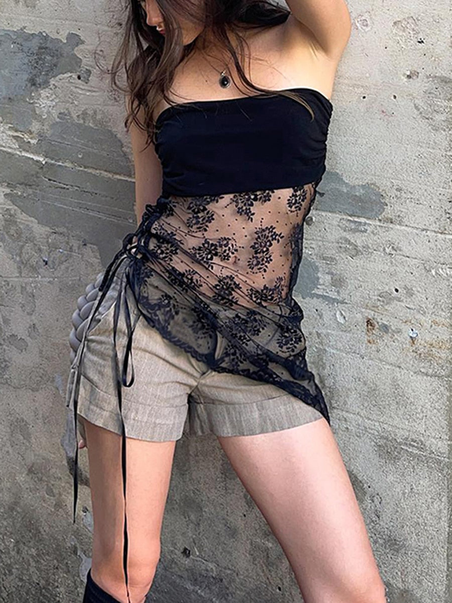 Irregular Sheer Shirts Women Lace Tube Tops Summer Drawstring Backless Strapless Bandeau Streetwear Fashion Grunge Clothes