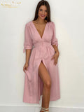 Clacive Summer Bodycon V-Neck Sexy Dress Fashion Short Sleeve Midi Dress Elegant Single-Breasted Party Dresses For Women