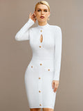 Clacive New Arrivals Women White Long Sleeve Bodycon Bandage Celebrity Party Dress Sexy Hollow Out Buttons Club Runway Dress