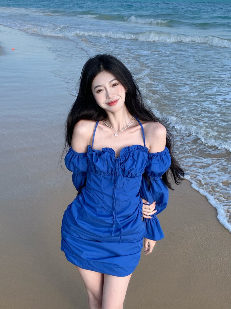 Clacive Off Shoulder Puff Sleeve Suspender Dress Women's Summer Solid Color Klein Blue Dress Sexy Chic Package Hip Dresses
