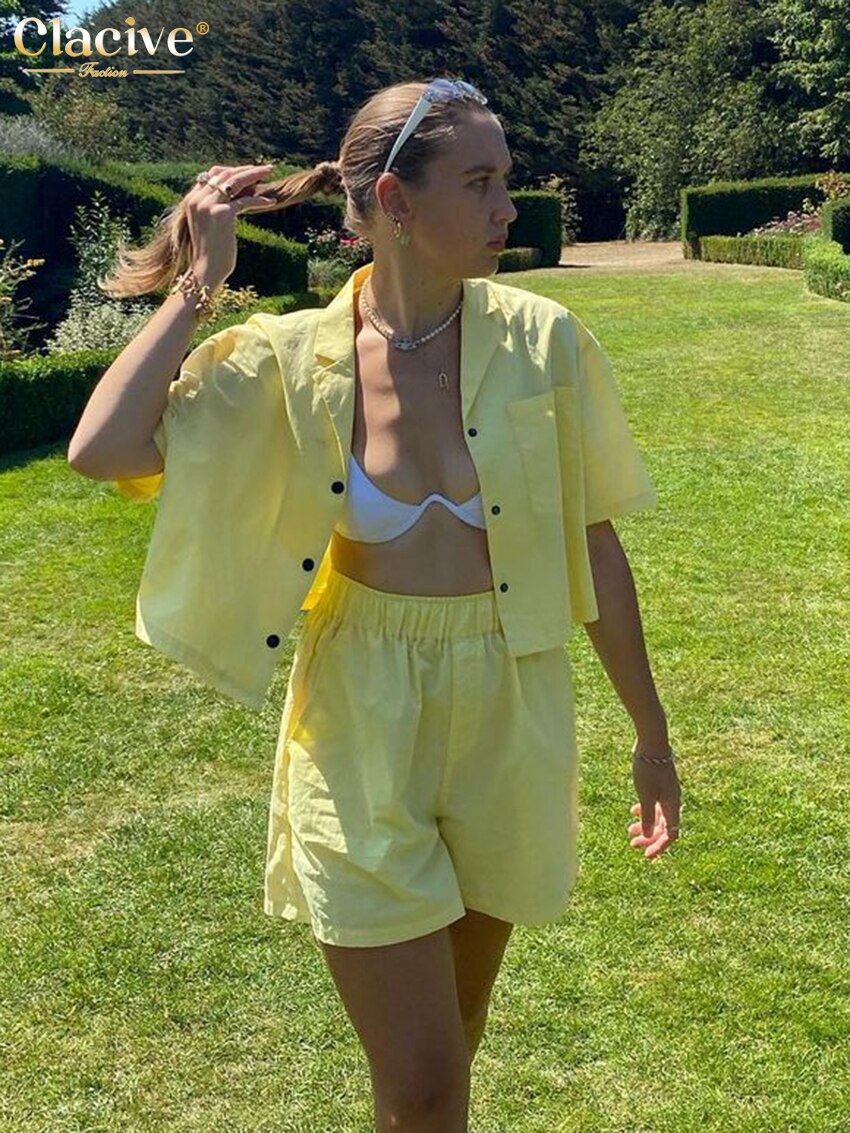 Clacive Fashion Short Sleeve Shirts Two Piece Set Women Summer Bodcyon High Wiast Shorts Set Casual Yellow Suits With Shorts