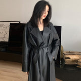 Clacive  Spring Autumn Long Oversized Black Leather Trench Coat For Women Sashes Single Button Loose Stylish Korean Fashion