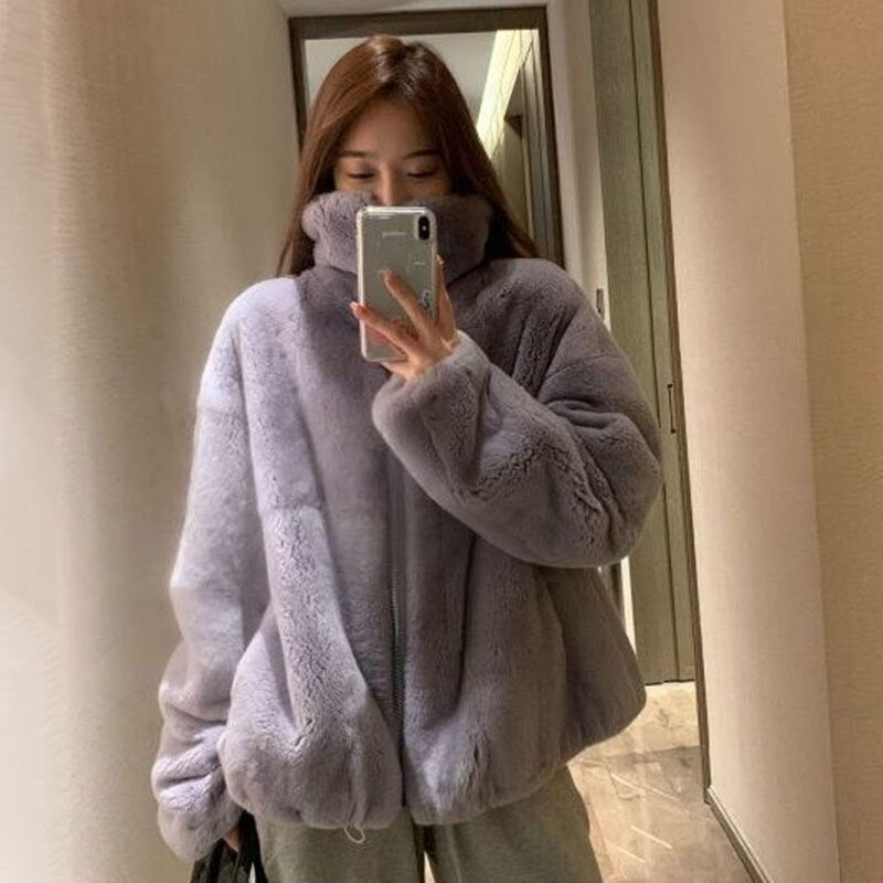 Clacive  Women High Quality Faux Rabbit Fur Coats Luxury Long Sleeve Warm Thick Fluffy Jacket Coat Winter Furry Outwear Female