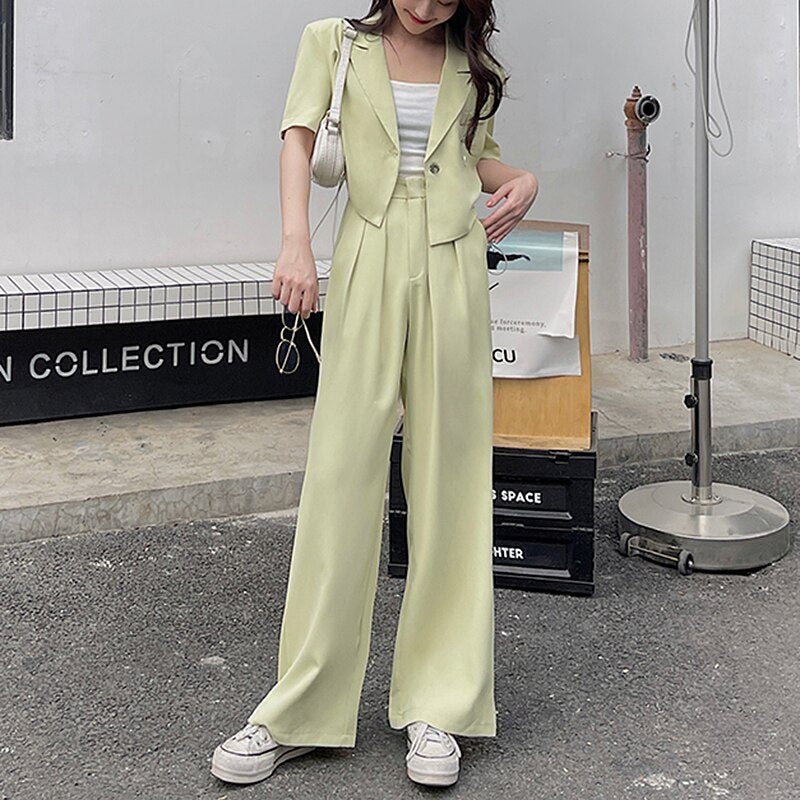 Clacive Office Lady Pant Suits Women Summer  Short Sleeve Crop Blazer And Pants Cropped Blazer Set Two Piece Set Outfits