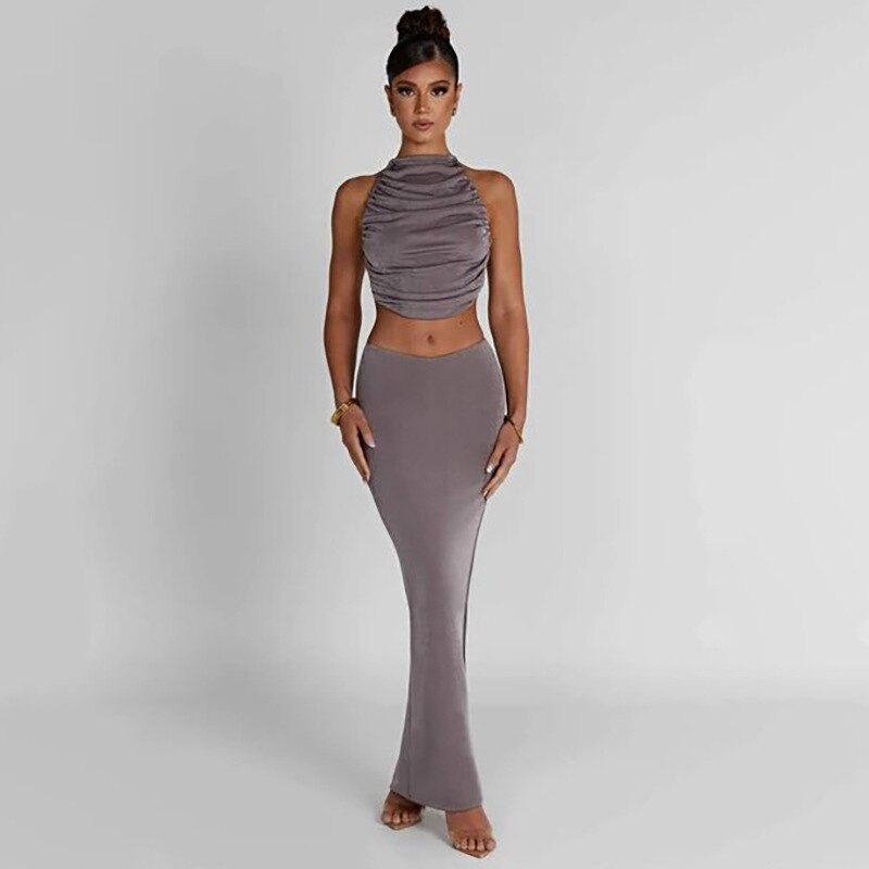 Fall outfits Back to school Elegant 2 Piece Skirt Sets Sexy Pleat Dress 2023 Elegant Maxi Luxury Party Dress Summer Clothes Crop Tops Two Piece Sets Outfit