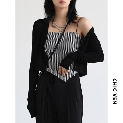 Clacive  Women's Sunscreen Thin Cardigan Solid Long Sleeve Knitted Sweaters V Neck Short Ice Silk Blouse Female Top  Summer