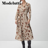 Clacive   New Spring Autumn Fashion V-Neck Fungus Draw Back Long Sleeve Romantic Print Dress Simple Casual Elegant Women