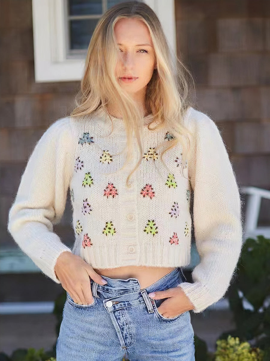 Clacive Flower Embroidered Cardigan  Woman Clothing Round Neck Long Sleeve Sweater Top Femme Vintage Casual Sweaters Gilet Coat