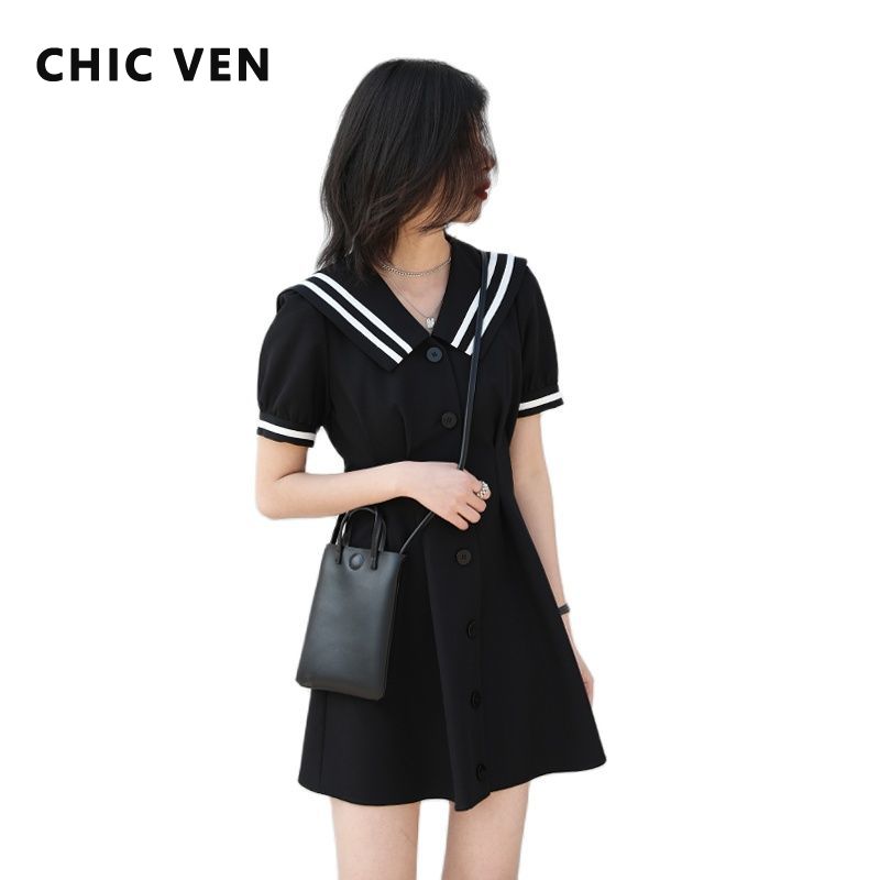 Clacive  Korean Women's Summer Dress Vintage College Style V Navy Collar Short Sleeve Dresses For Women Female Summer