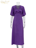 Clacive Sexy Deep V-Neck Purple Midi Dress Ladies Summer Short Sleeve Party Dress Casual Slim Slit Elegant Dresses For Women