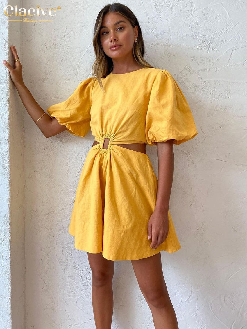 Clacive Casual Yellow Summer Dress Lady Elegant O-Neck Puff Sleeve Mini Dress Fashion Patchwork Backless Dresses For Women