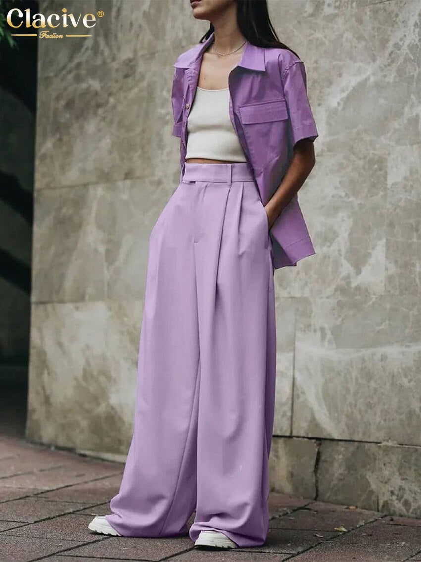 Clacive Fashion Purple Women'S Pants  Casual Loose Office Wide Trousers Female Elegant Pleated High Wiast Pants Pockets