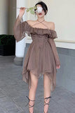 Clacive  Summer Mini Dress Women Spring Off Shoulder Dresses Slash Neck Casual Brown Short Bandage Long Sleeve Dresses