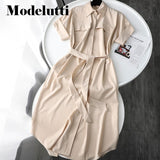 Clacive   New Spring Summer Fashion Short Sleeve Shirt Dress Belt Pocket Decorate Women Solid Color Simple Casual Female
