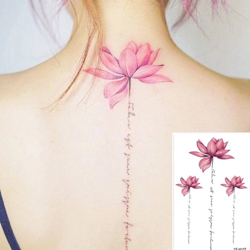 Clacive Waterproof Temporary Tattoo Sticker Hand Drawn Black And White Lotus Design Body Art Fake Tattoo Flash Tattoo Back Female Male