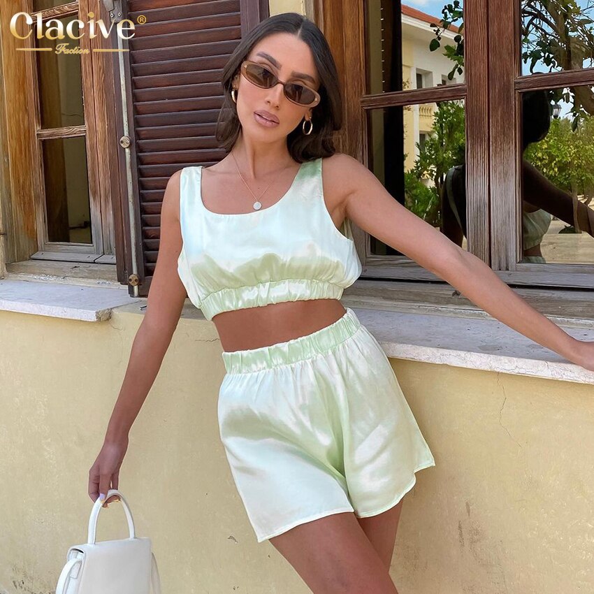 Clacive Sexy Backless Crop Top Set Woman 2 Pieces Summer Bodycon High Wasit Shorts Set Elegant Green Saitn Suits With Shorts